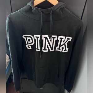 Victoria's Secret Pink Pullover Fur Hood Black Logo Sweatshirt
